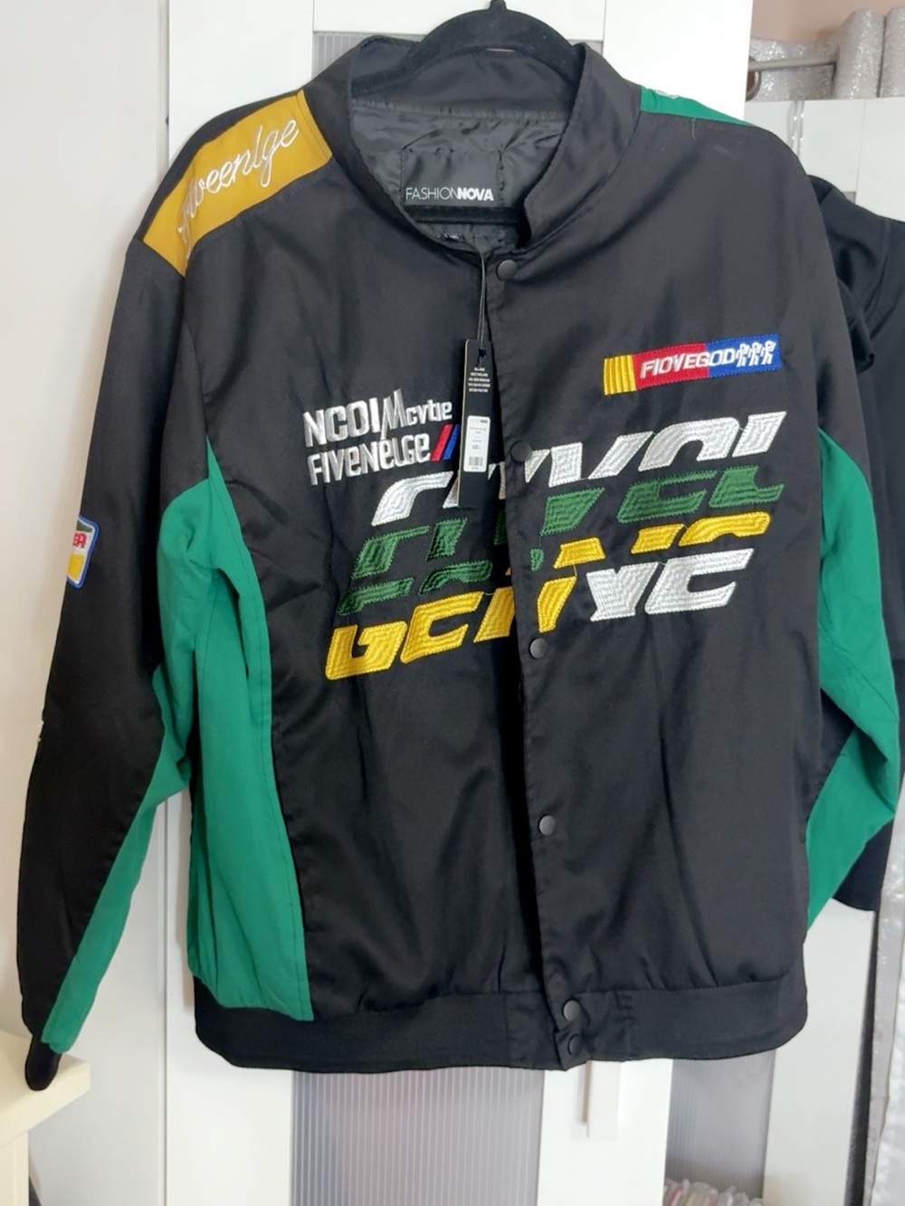 Fashion Nova woman’s Black & Green Racing Bomber Jacket